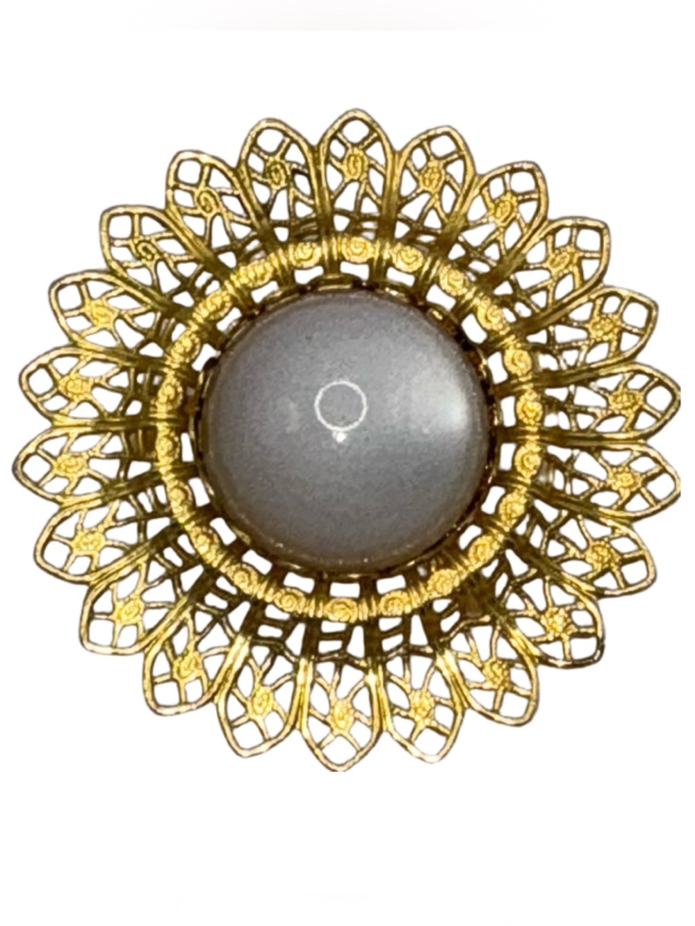 1940’s Vintage Gold Filigree Flower Brooch Gray Cabochon